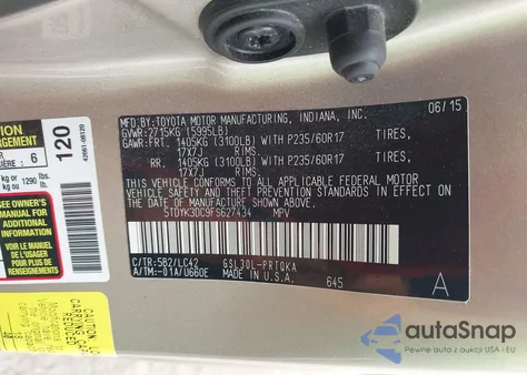 2015 Toyota Sienna Limited 7 Passenger/Limited Premium 7 Passenger/Xle 7 Passenger/Xle 8 Passenger z USA, uszkodzony, nr VIN 5TDYK3DC9FS627434
